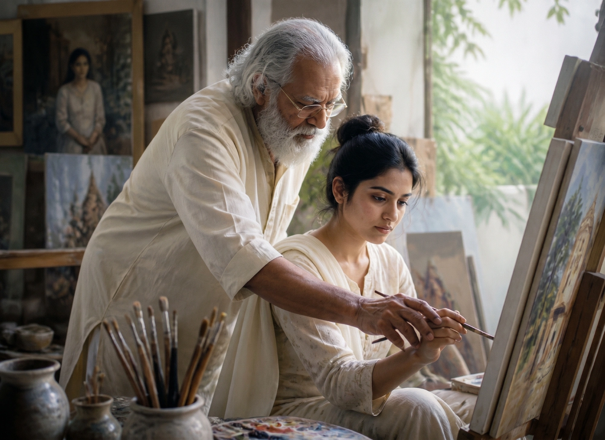 An elderly Indian master artist guiding a young student's hand at an easel