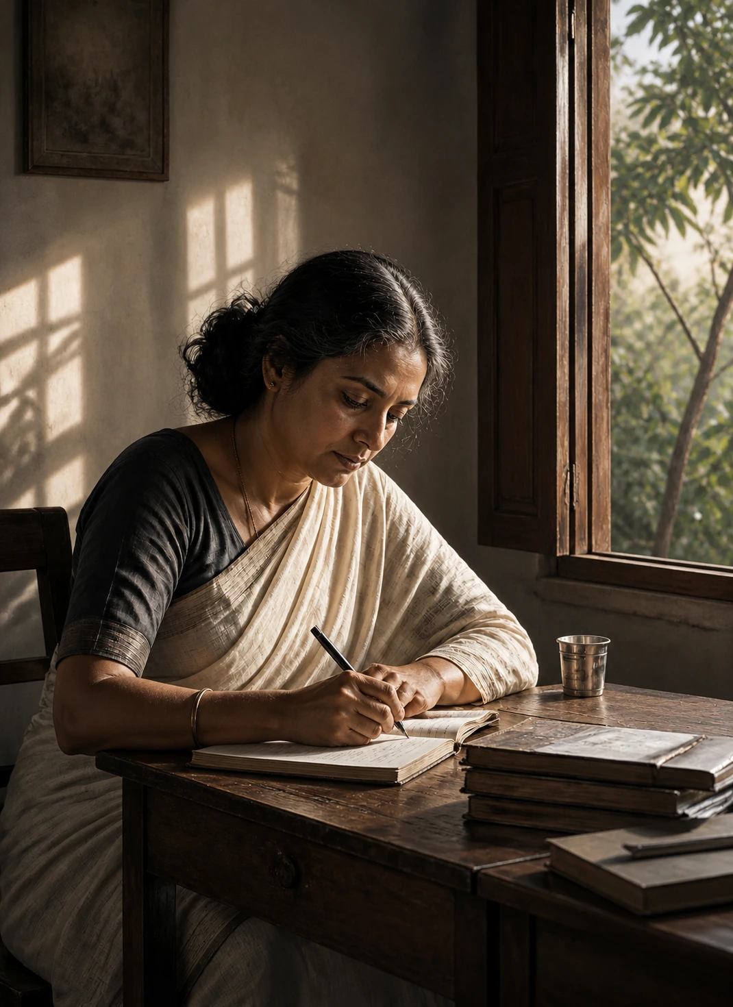An Indian poet writing in a notebook beside an open window