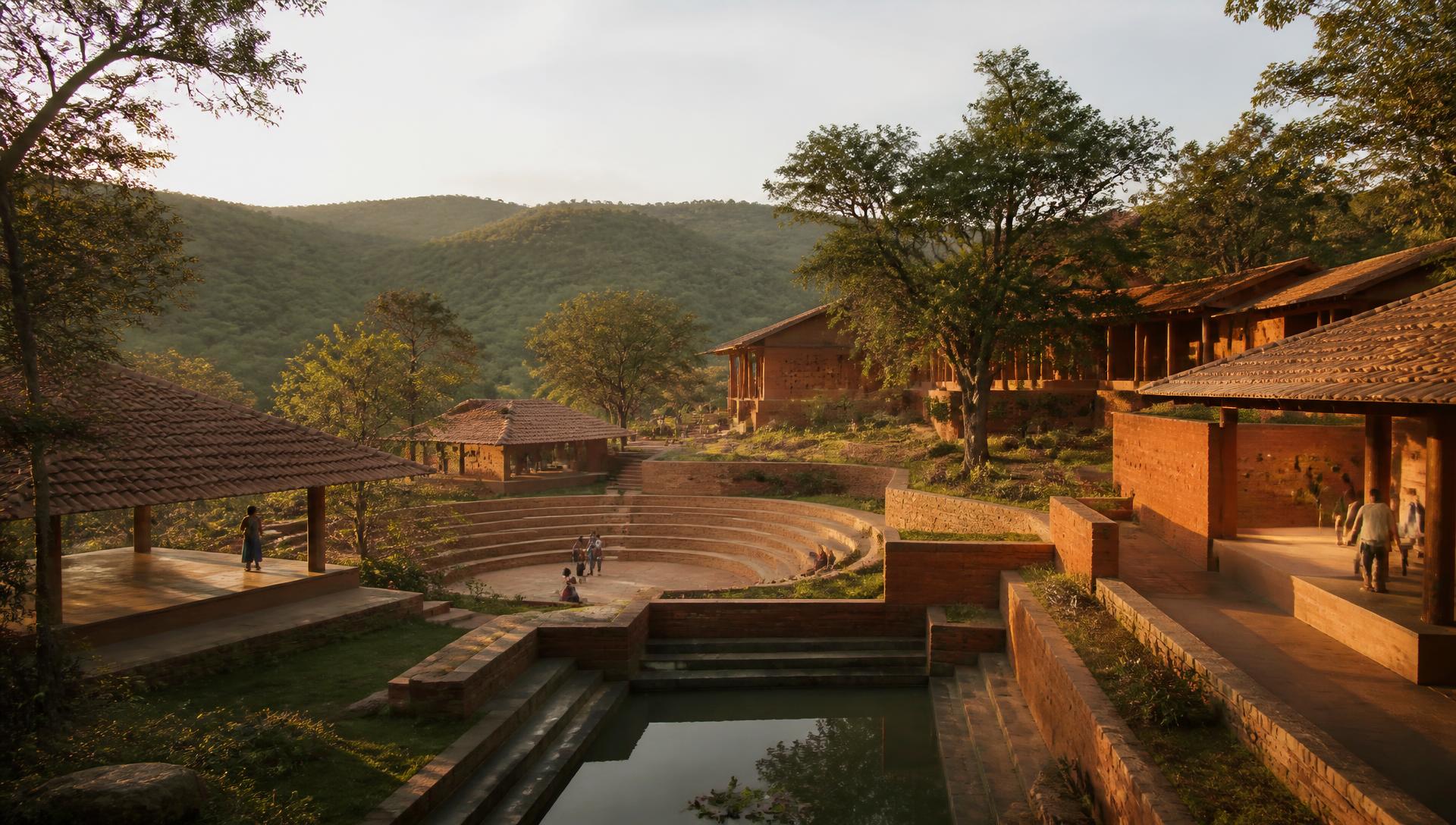 Vision of the DrishyAM art village: terracotta-roofed pavilions and an open-air amphitheatre in green countryside