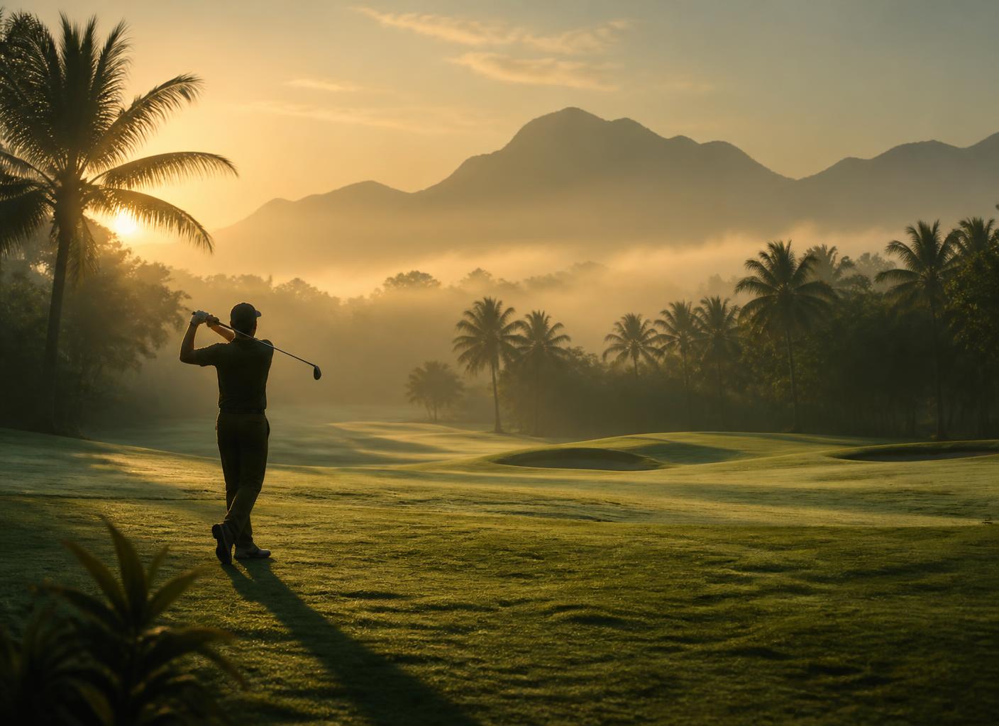 A golfer mid-swing at sunrise on a misty South Indian golf course