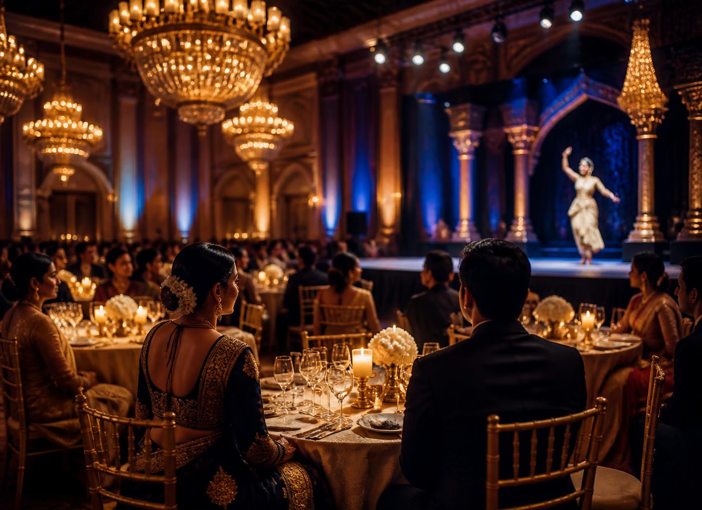 An elegant evening gala with candlelit tables and a classical Indian dancer on stage