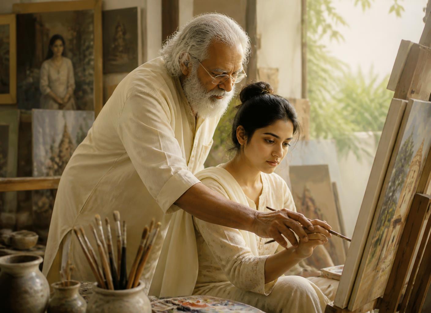 An Indian master artist teaching a young student at an easel