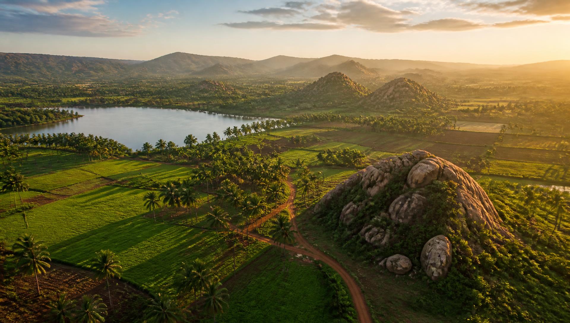 Green farmland, granite outcrops and a lake at golden hour near Kanakapura, Karnataka
