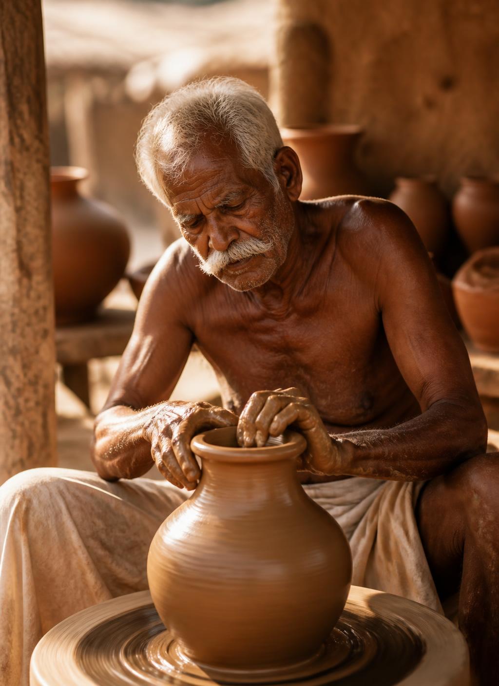 An elderly Indian potter shaping a pot on a wheel
