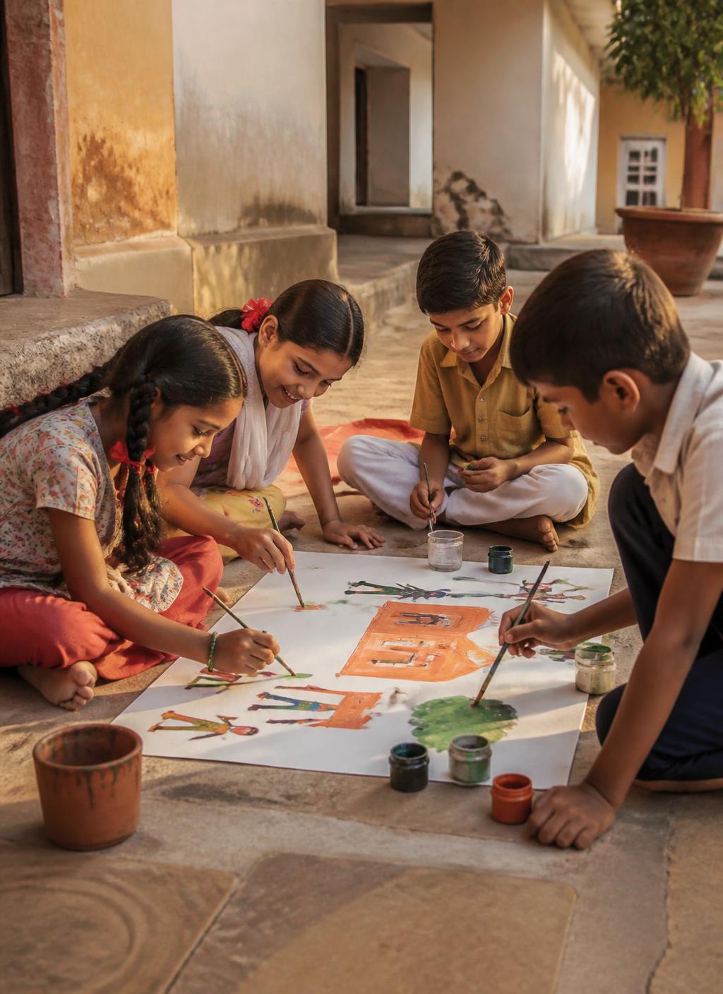 Indian children painting together on paper in a village courtyard
