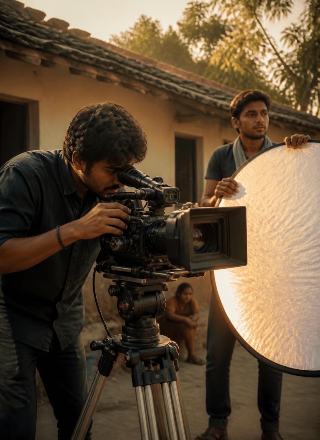 A young Indian filmmaker at a camera during an outdoor shoot