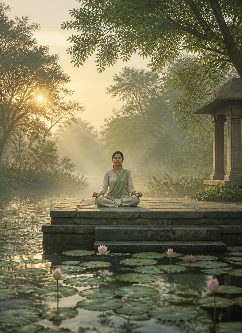 An Indian woman meditating at sunrise beside a lotus pond