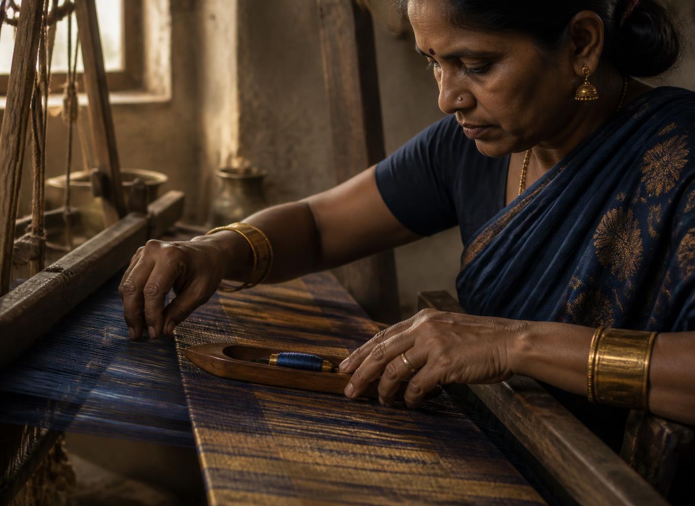 An Indian weaver at a traditional handloom with indigo and gold threads
